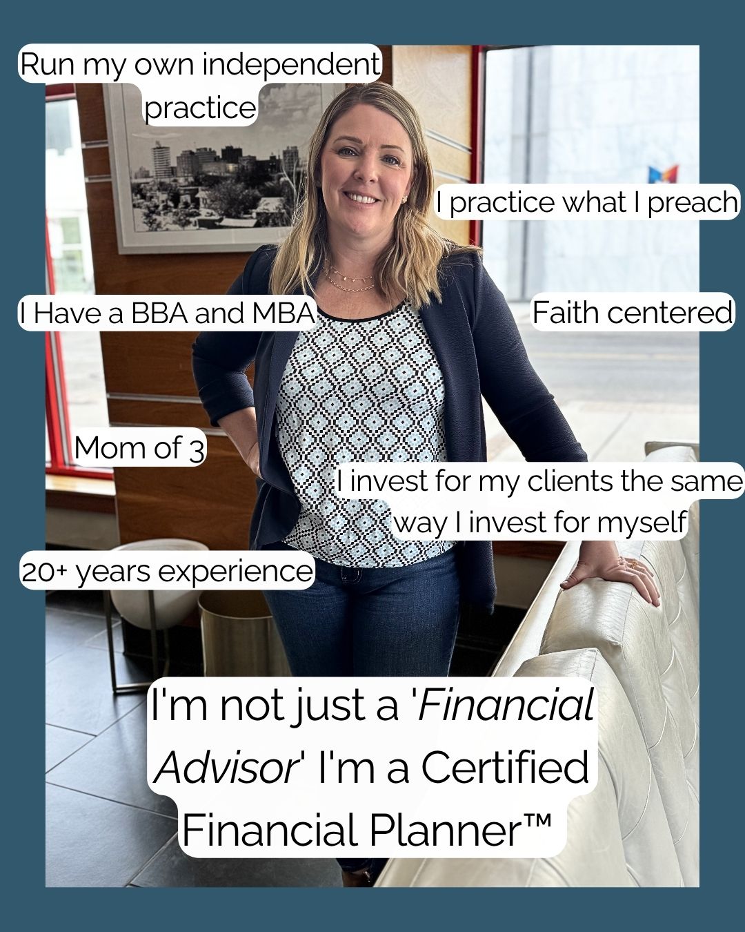 I don't just manage money, I help you build a life you don’t need to escape from.
ㅤ
As a Certified Financial Planner™, I combine 20+ years of experience with a personal, values-driven approach. I run my own independent practice, invest alongside my clients, and stay grounded in what matters most, faith, family, and long-term impact.
ㅤ
Because the goal isn’t just wealth… it’s freedom, alignment, and confidence in every financial decision you make.
ㅤ
Ready to make work optional one day? Let’s start with a plan.
ㅤ
.
ㅤ
.
ㅤ
.
ㅤ
.
ㅤ
This is for educational purposes only and is not personalized financial advice. Always consult a qualified professional regarding your specific situation.
ㅤ
ㅤ
#FinancialFreedomJourney #WorkOptional #CertifiedFinancialPlanner #IndependentPractice #InvestWithConfidence #WealthWithPurpose #FaithDrivenBusiness #WomenInFinance #MoneyMatters #PlanForTheFuture #SmartMoneyMoves #FinancialPeace #LegacyBuilding #ClientFocused #CFP