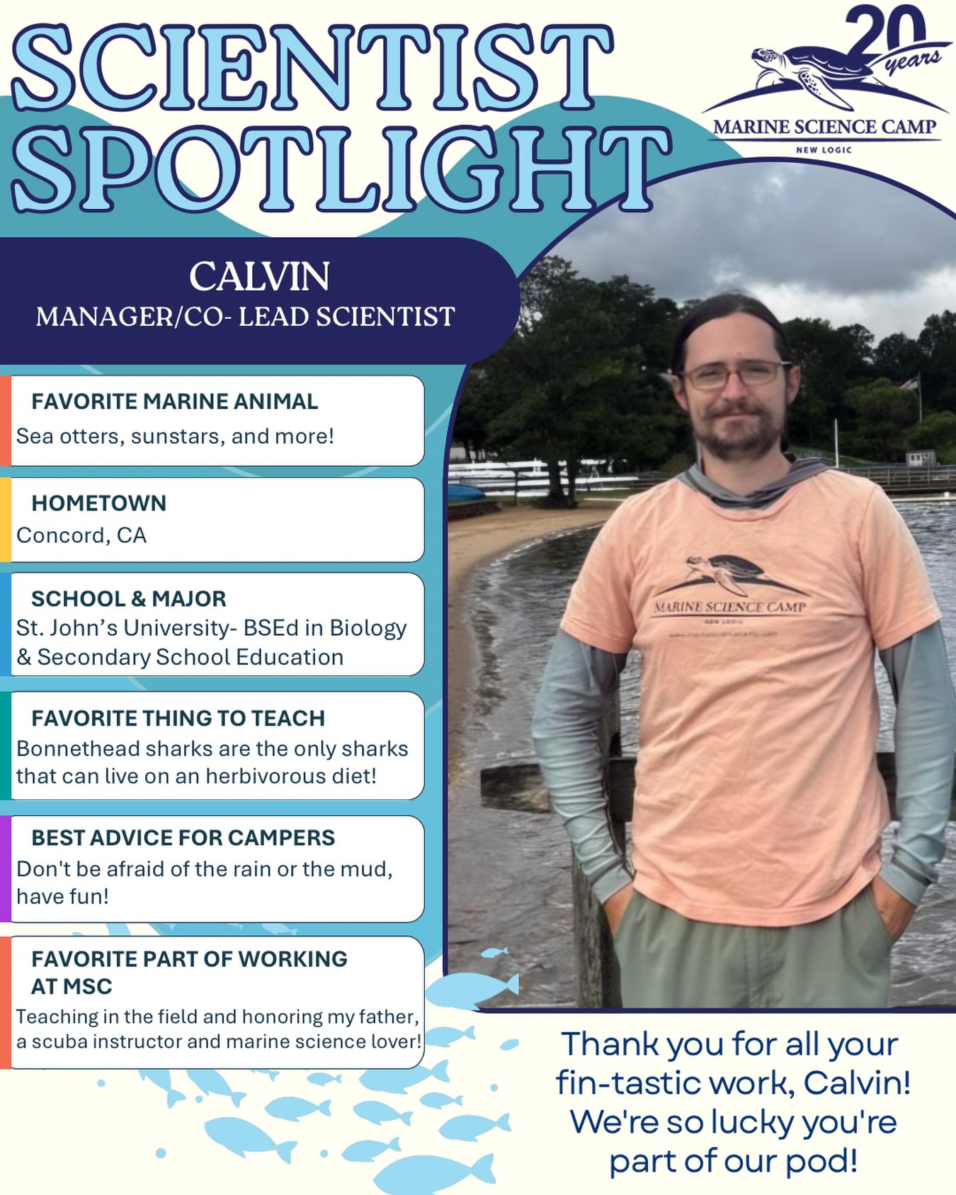 Today's Scientist Spotlight: Calvin 🌊🦦
This week, we’re otterly excited to shine the spotlight on a scientist making big waves, Calvin! When Calvin is at the helm with his positive energy and passion for teaching, we know our campers will have an absolute blast learning about marine life at the shore and under the waves.
Thank you for making every camp week a fun and unforgettable experience! 💙🐳