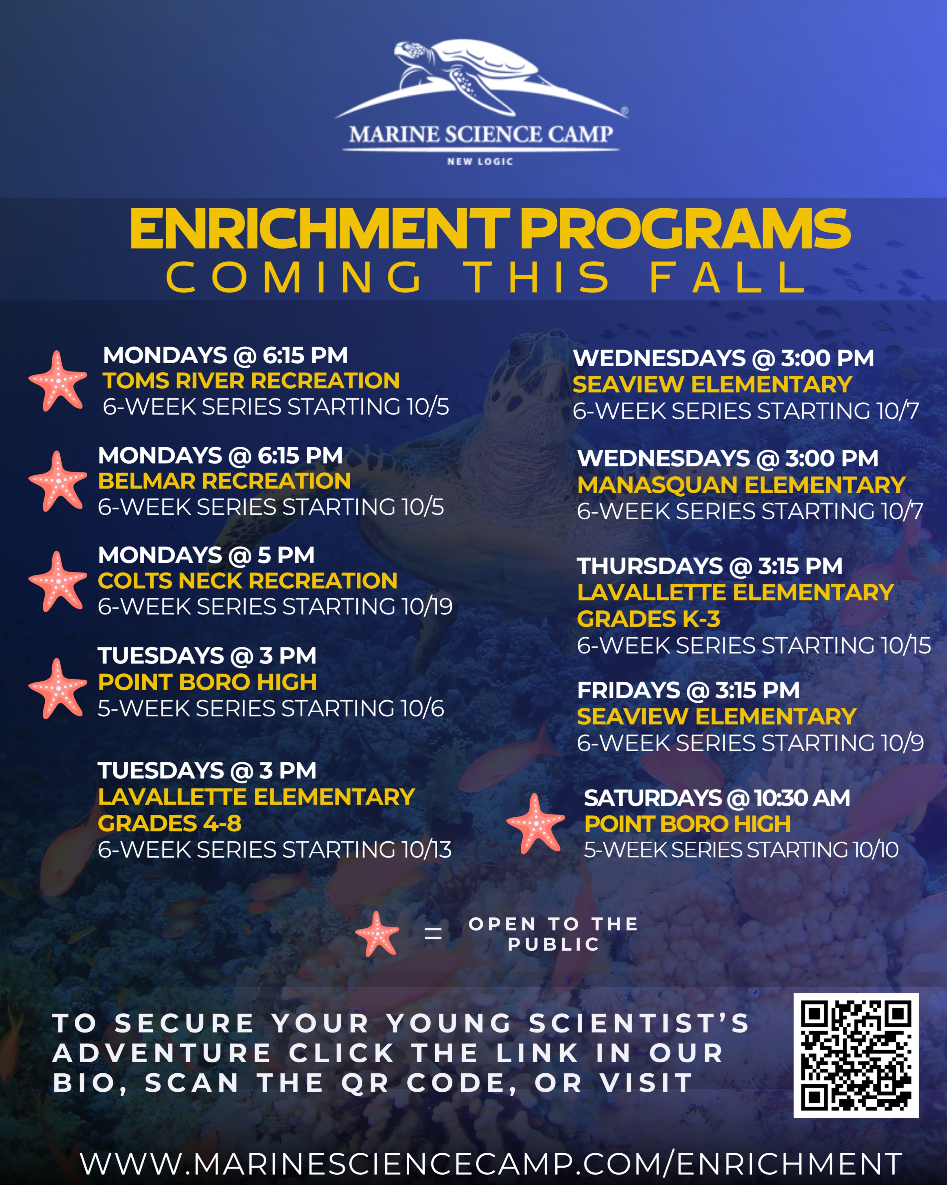 ⏰ LAST CALL to sign up for Fall Enrichments! ⏰
Some of our marine science after-school programs kick off NEXT WEEK, so this is your final chance to grab a spot before they fill up. Don’t miss the boat! ⛵
🌊 Every week your squiddo will meet a new ocean animal, dive into a hands-on activity, and get a taste of camp all school year long 🦀🐢🦈
👉 Sign up now: click the link in our bio, scan the QR code, or head to marinesciencecamp.com/enrichment/ 🐚
📅 More programs are on the way later this fall, so stay tuned!
📍 Don’t see your school or town on the list? We’d love to come to you! Send us a DM or reach out and let’s get a program set up in your community. 💙
.
.
.
.
.
#NewLogicMarineScience #MarineScienceCamp #JerseyShore #AfterSchoolEnrichment OceanEducation STEMforKids FallEnrichment NJShore FutureMarineBiologists